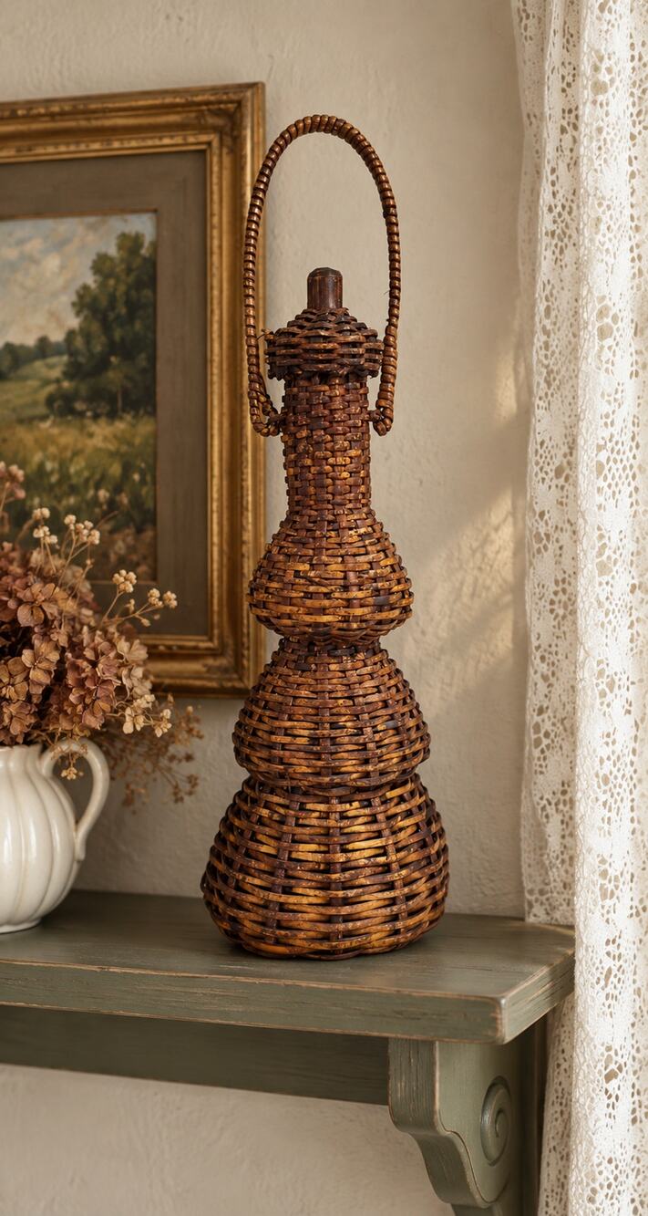 Woven Wicker Basket With Handle Hanging Rustic Boho Cottagecore Shelf Accent
